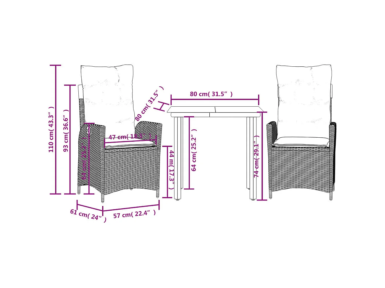 Garden Furniture -  Set comedor de jardín 3 piezas y cojines ratán sintético marrón