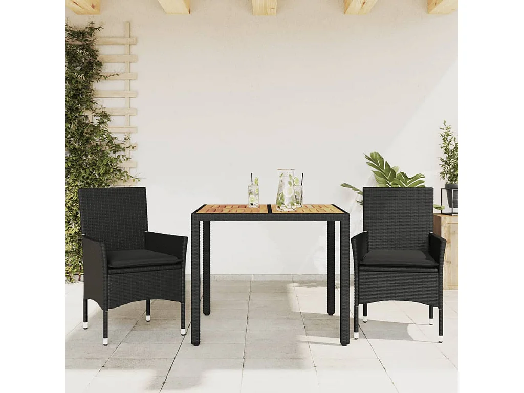 Les Mureaux  Ensemble à manger de jardin et coussins 3 pcs noir rotin acacia