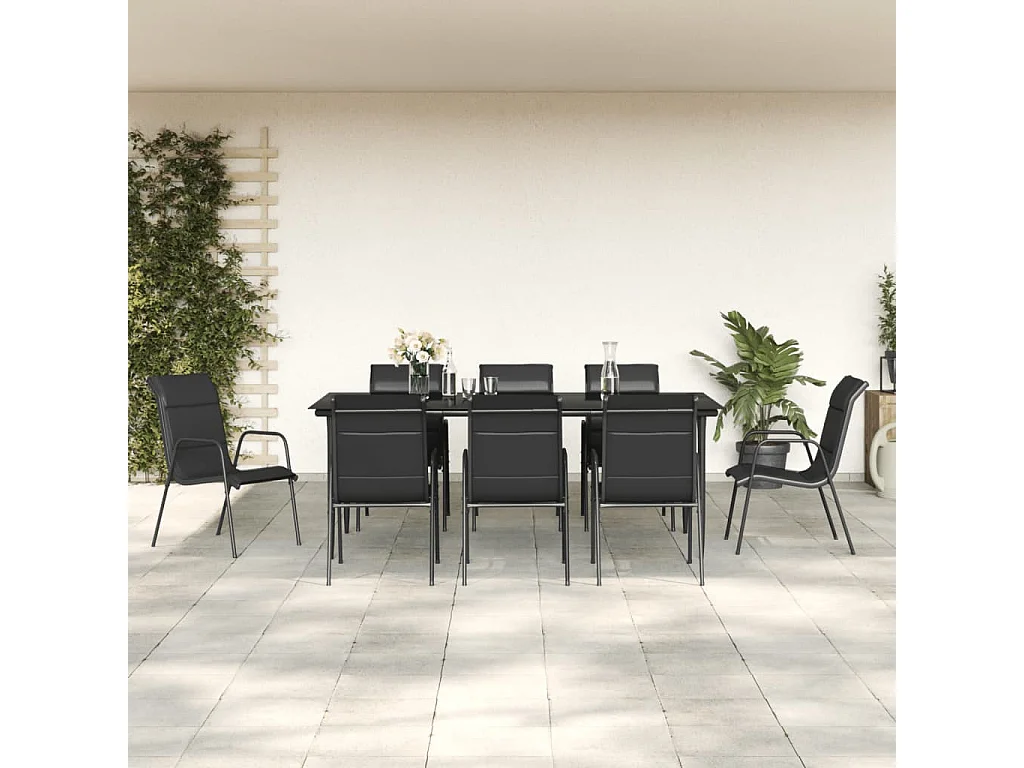 Årslev  Ensemble à manger de jardin 9 pcs noir textilène et acier