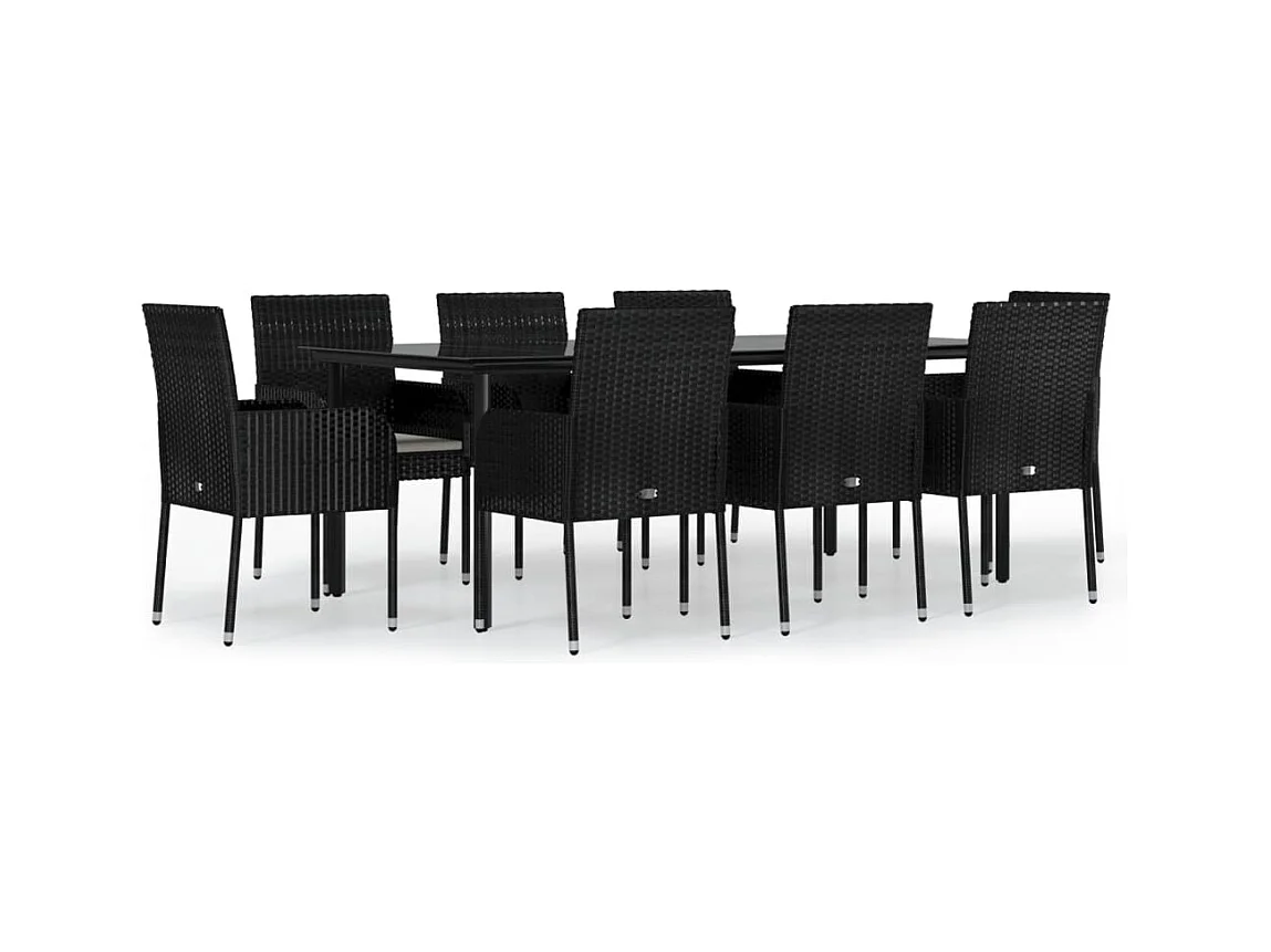 Zyldr  Ensemble à manger jardin 9pcs et coussins noir résine tressée