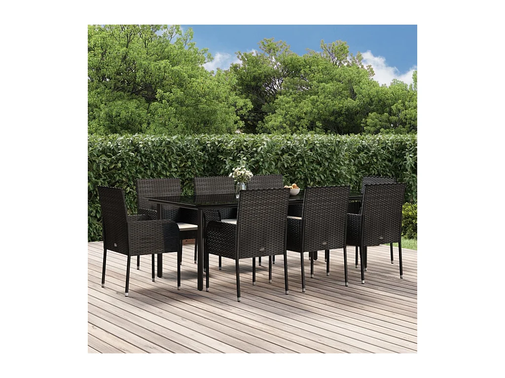 Zyldr  Ensemble à manger jardin 9pcs et coussins noir résine tressée