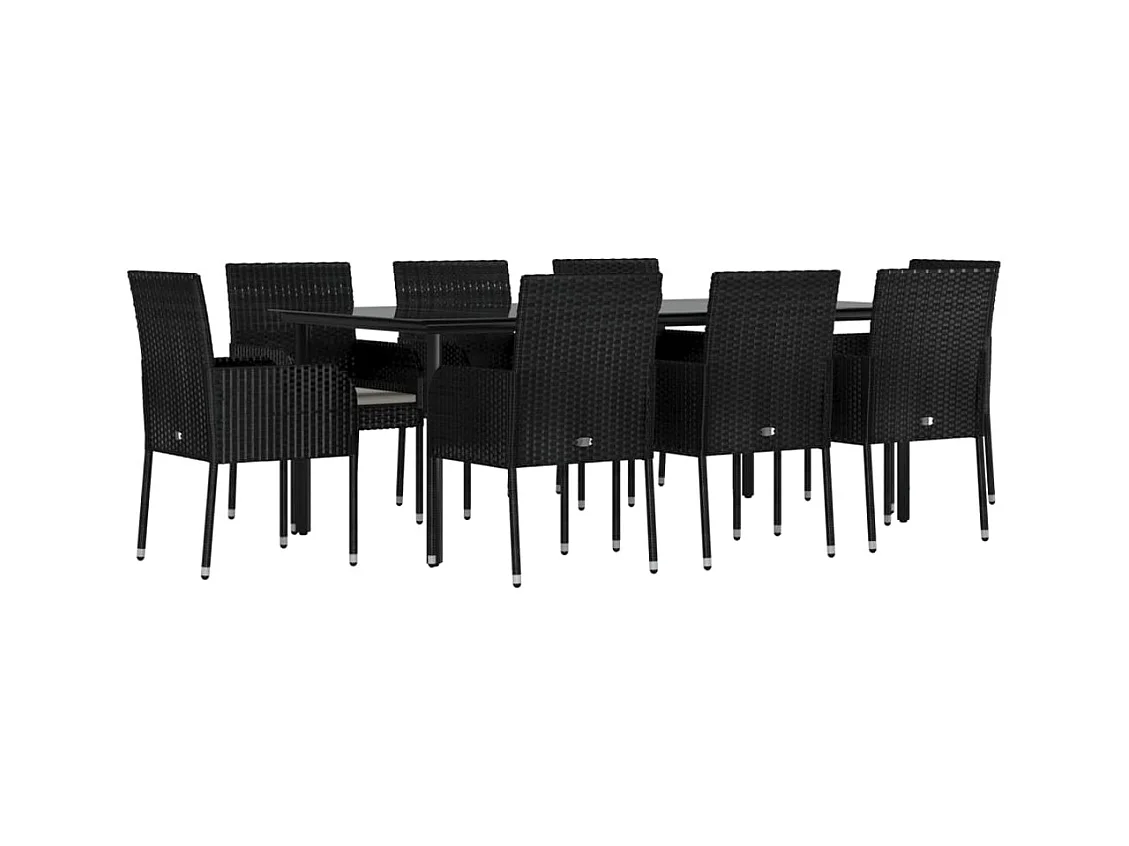 Zyldr  Ensemble à manger jardin 9pcs et coussins noir résine tressée