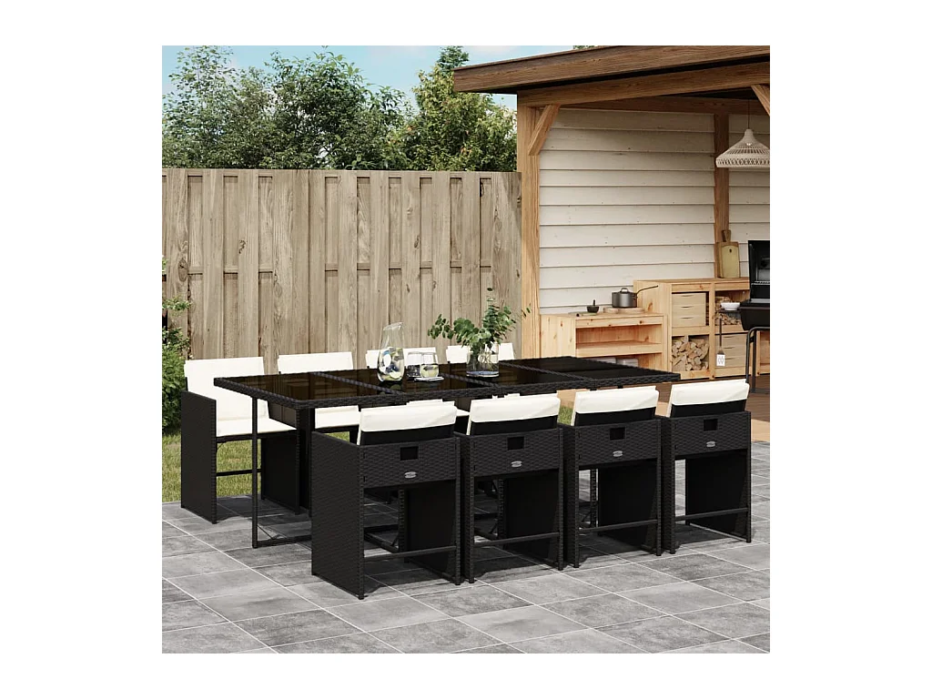 Heeswijk-Dinther  Set de comedor de jardín 9 pzas y cojines ratán sintético negro