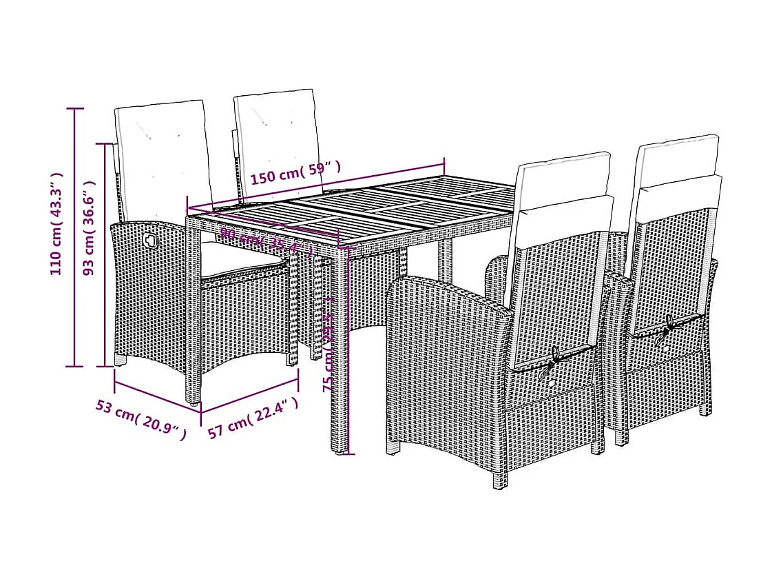 Adrien-Paul  Ensemble à manger de jardin 5 pcs coussins gris résine tressée