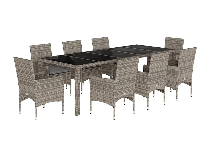 Ulric  Set comedor jardín 9 pzas y cojines ratán sintético vidrio gris