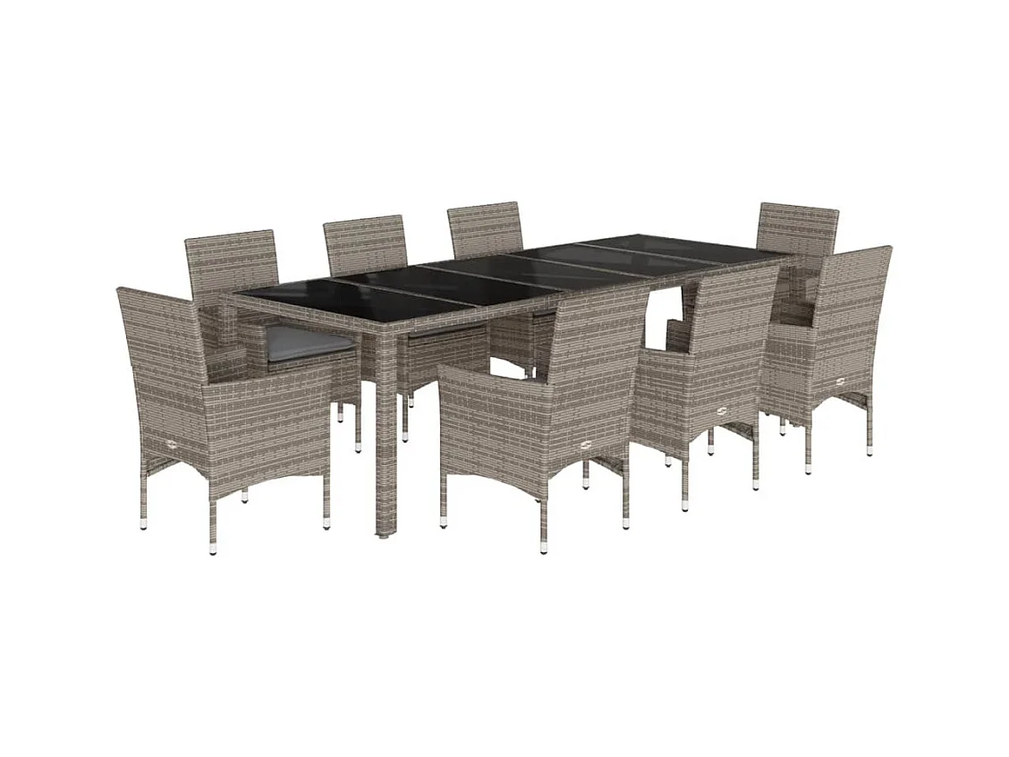 Ulric  Ensemble à manger de jardin et coussins 9 pcs gris rotin verre