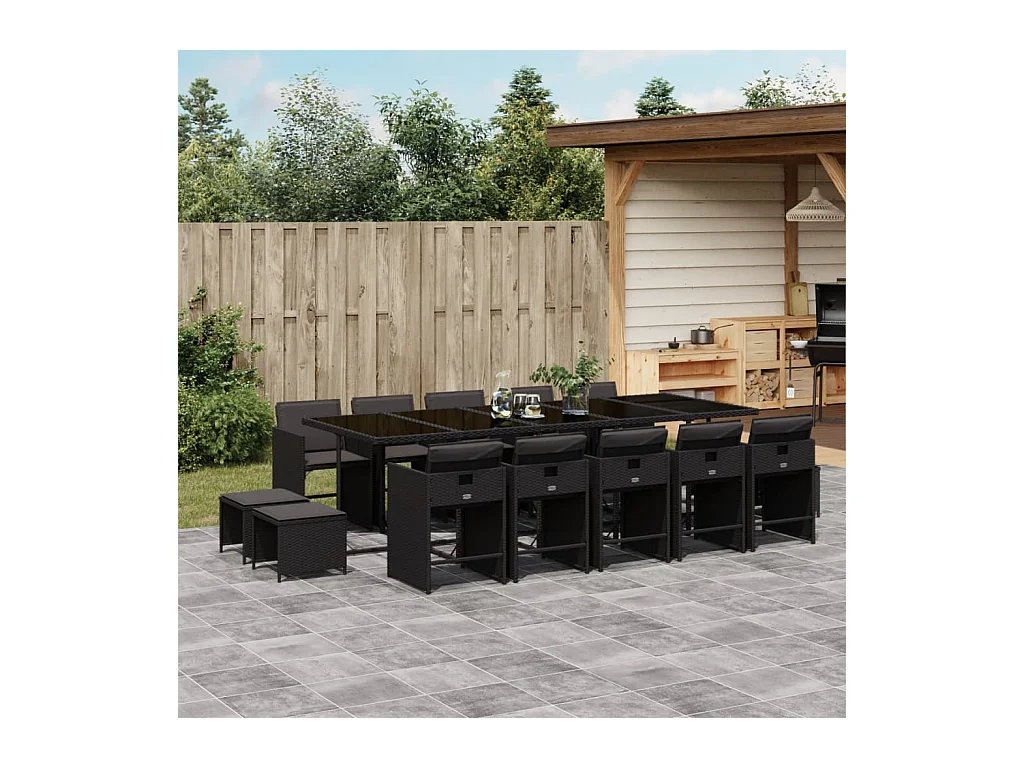 Zenn  Ensemble à manger de jardin 15 pcs coussins noir résine tressée