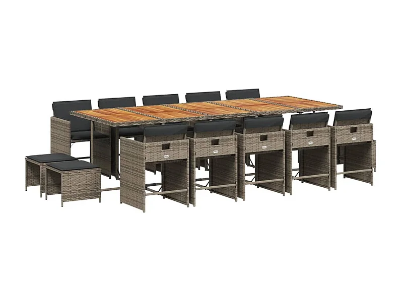 Zenn  Set comedor de jardín con cojines 15 pzas ratán sintético gris