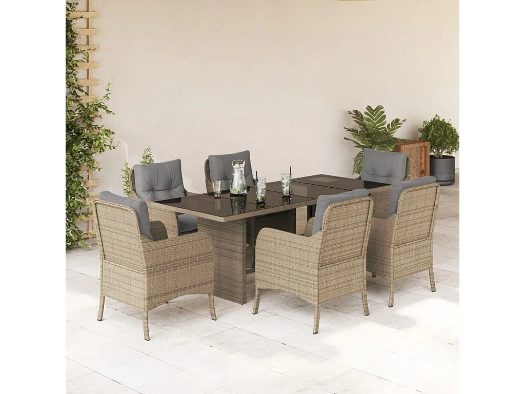 Karlyn  Ensemble à manger de jardin et coussins 7 pcs beige poly rotin