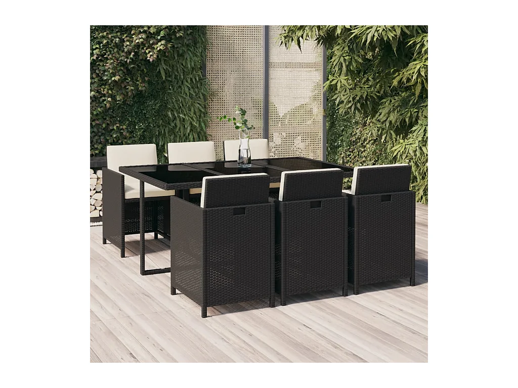 Hugo  Ensemble à manger de jardin coussins 7pcs Résine tressée Noir