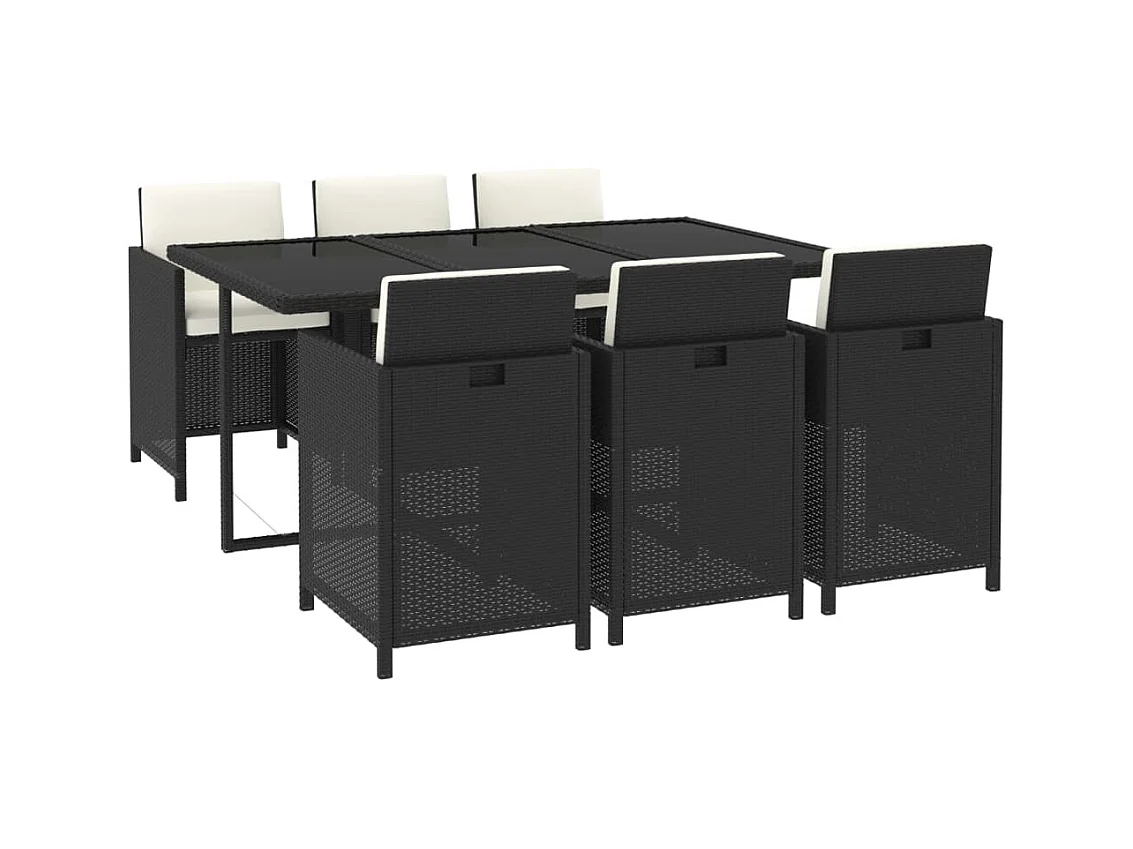 Hugo  Ensemble à manger de jardin coussins 7pcs Résine tressée Noir