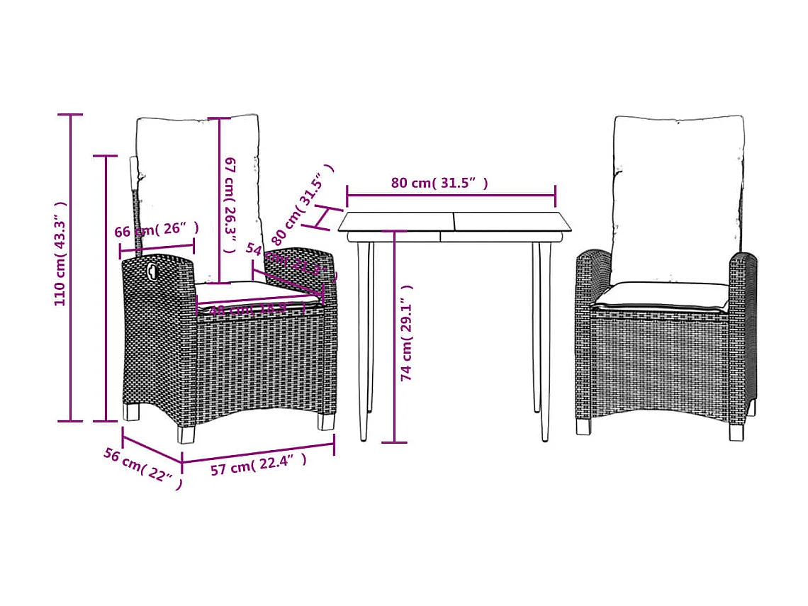 Ailladie  Ensemble à manger de jardin avec coussins 3 pcs Noir