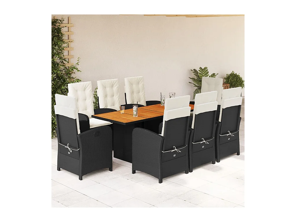 Nayo  Set de comedor de jardín 9 pzas y cojines ratán sintético negro