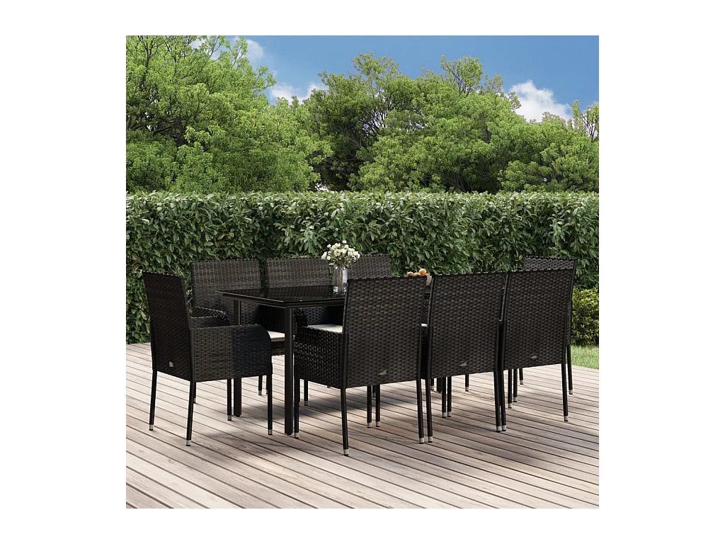 Zyldr  Ensemble à manger jardin 9pcs et coussins noir résine tressée
