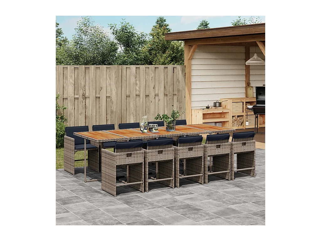 Zele  Set de comedor de jardín 11 pzas y cojines ratán sintético gris