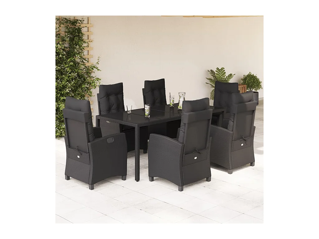 Jalnar  Ensemble à manger de jardin coussins 7pcs Noir Résine tressée
