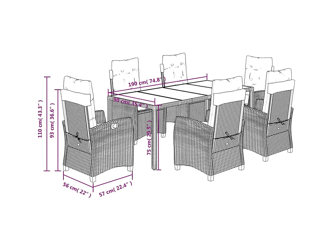 Jalnar  Ensemble à manger de jardin coussins 7pcs Noir Résine tressée