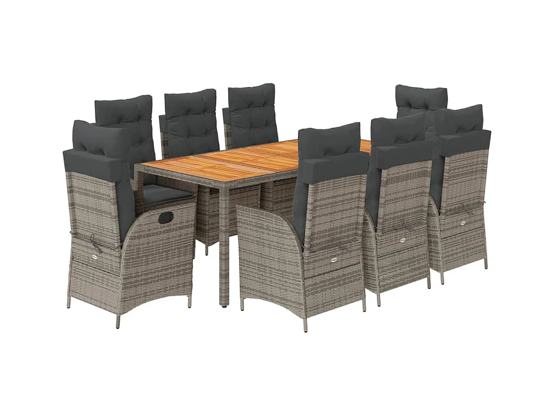 Wanda  Set comedor jardín 9 pzas y cojines ratán sintético gris