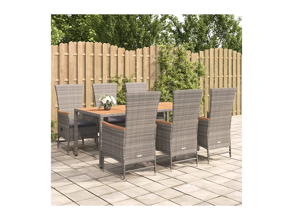 Brunnir  Ensemble à manger de jardin et coussins 7 pcs gris rotin
