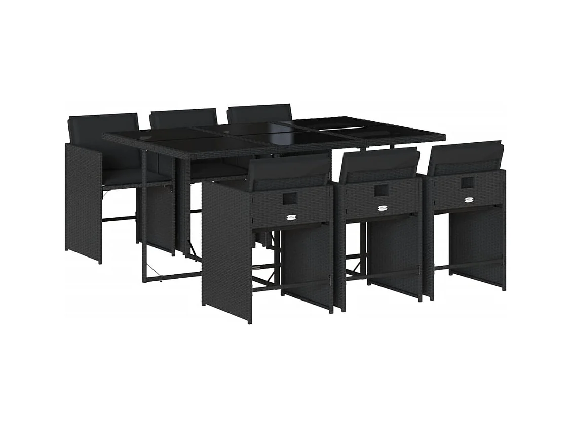 Zele  Set de comedor de jardín 7 pzas y cojines ratán sintético negro