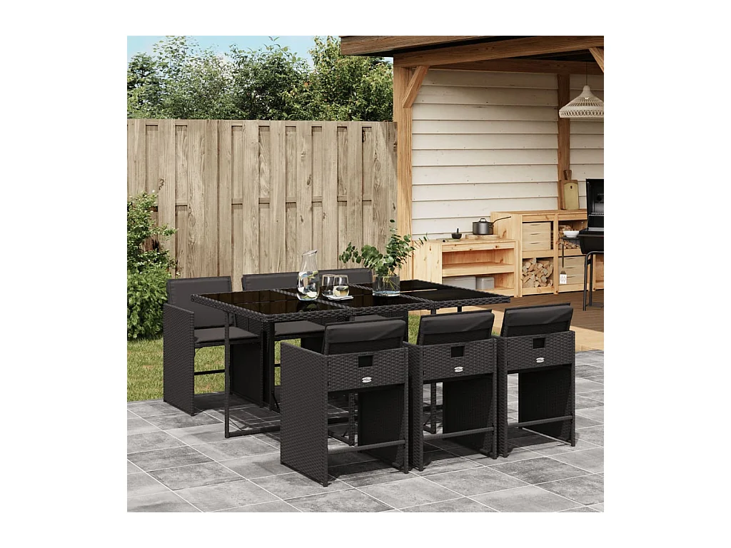 Zele  Set de comedor de jardín 7 pzas y cojines ratán sintético negro