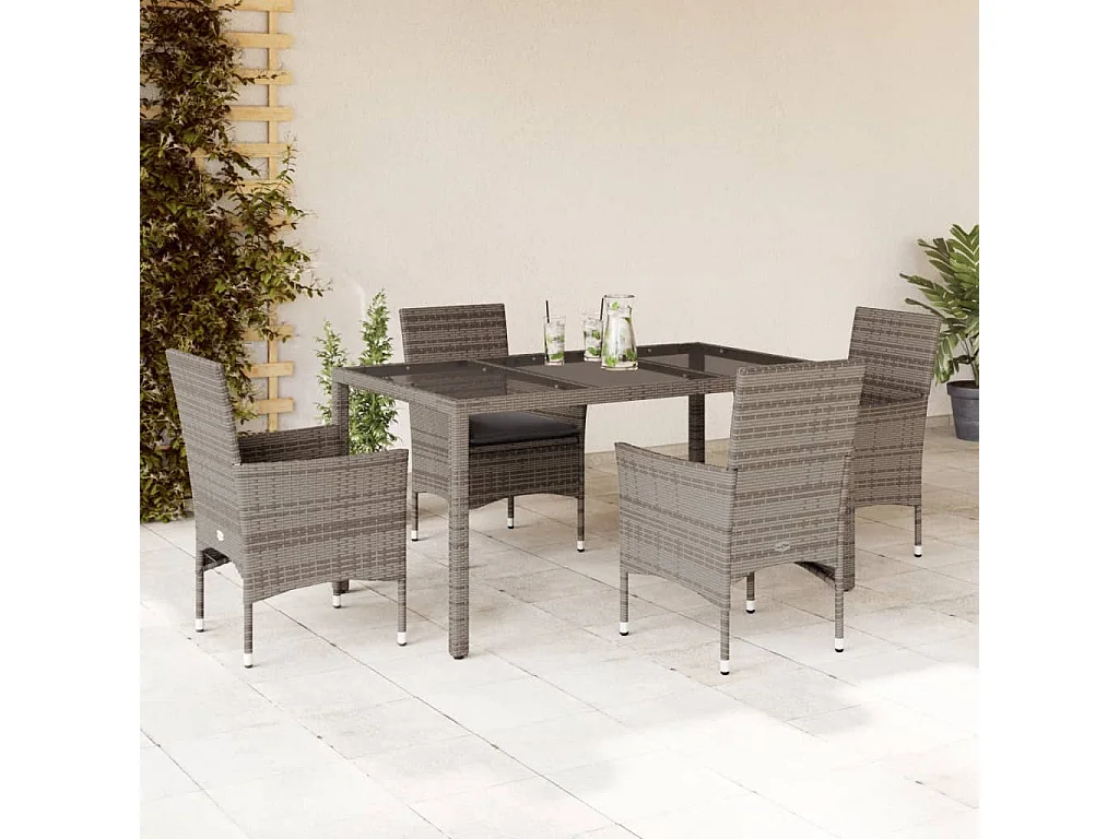 Stafford Springs  Ensemble à manger de jardin et coussins 5 pcs gris rotin verre