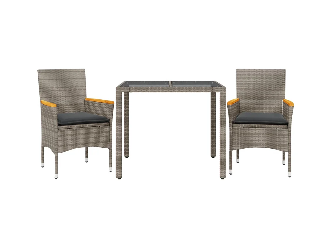 Bakersfield  Ensemble à manger de jardin et coussins 3 pcs gris rotin verre