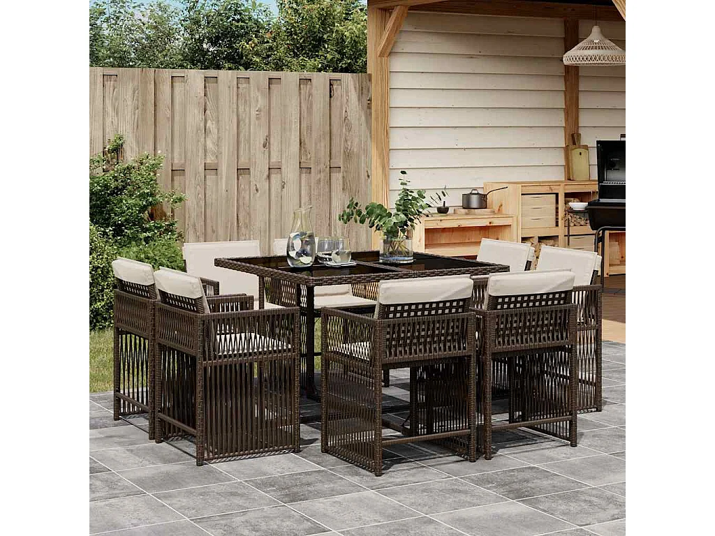 Maart  Ensemble à manger de jardin et coussins 9 pcs marron poly rotin