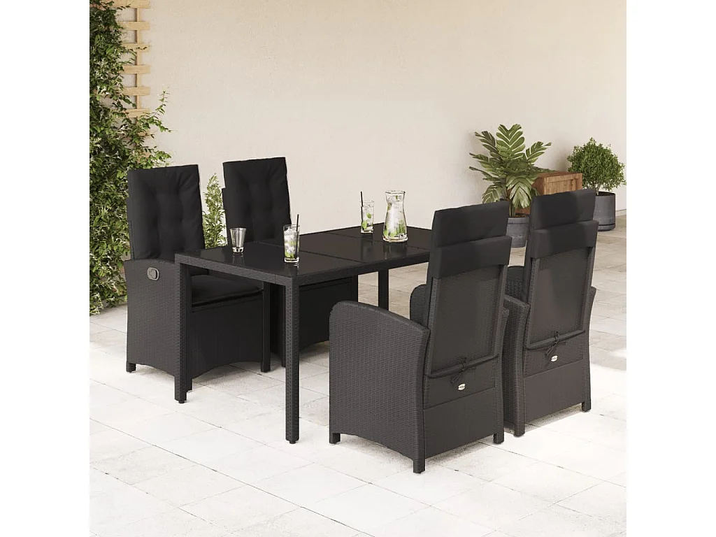 Vinkel  Ensemble à manger de jardin coussins 5pcs Noir Résine tressée