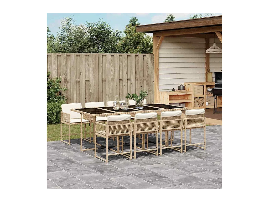 Sharif  Ensemble à manger de jardin et coussins 9 pcs beige Poly rotin