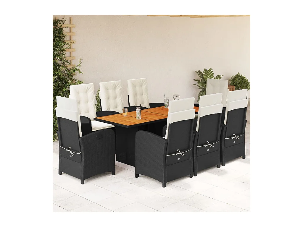 Nayo  Set de comedor de jardín 9 pzas y cojines ratán sintético negro