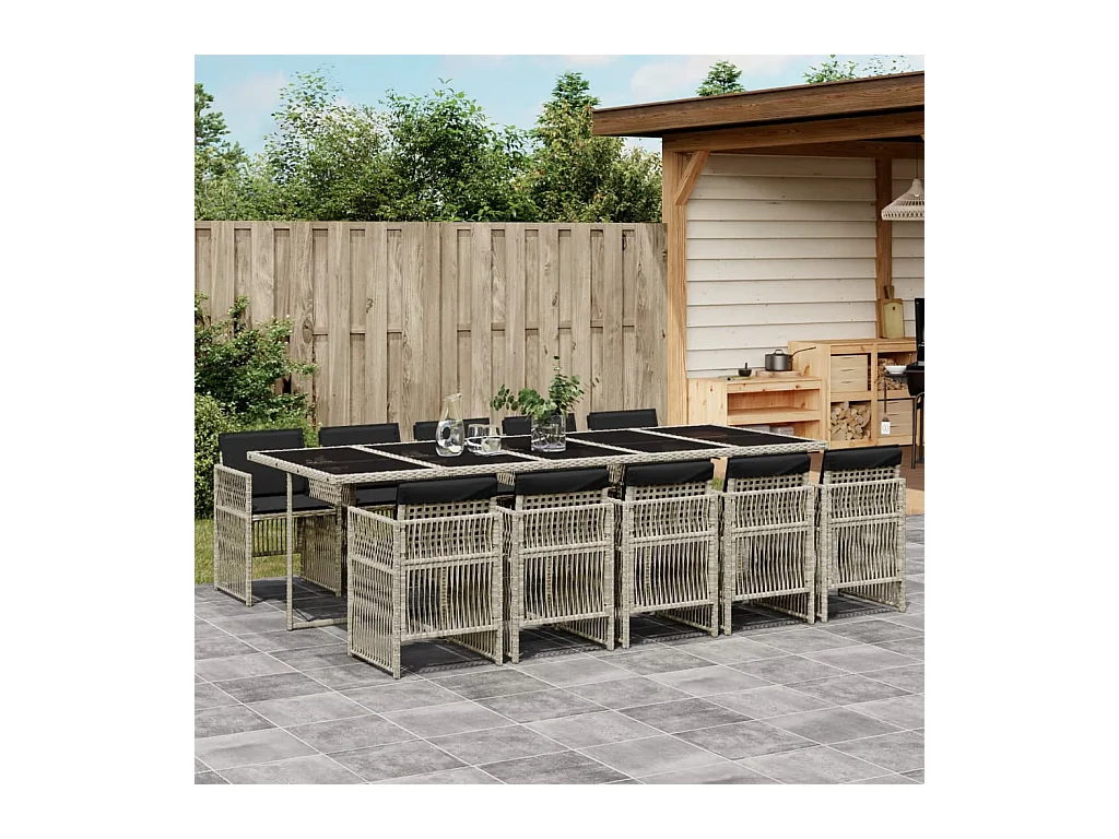 Ilo  Ensemble à manger de jardin 11pcs avec coussins gris poly rotin