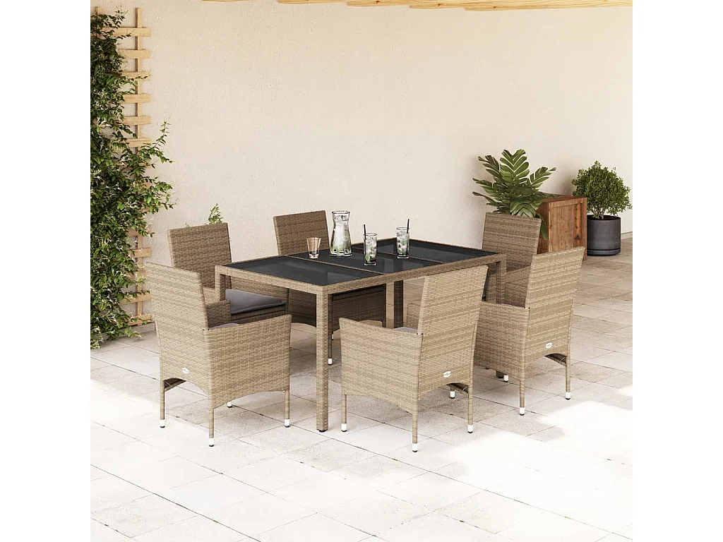 Stafford Springs  Set comedor jardín 7 pzas cojines ratán sintético vidrio beige