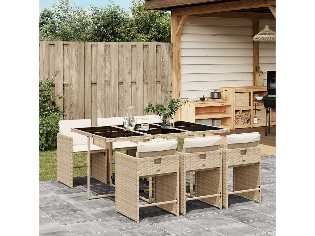 Zele  Ensemble à manger de jardin et coussins 7 pcs beige poly rotin