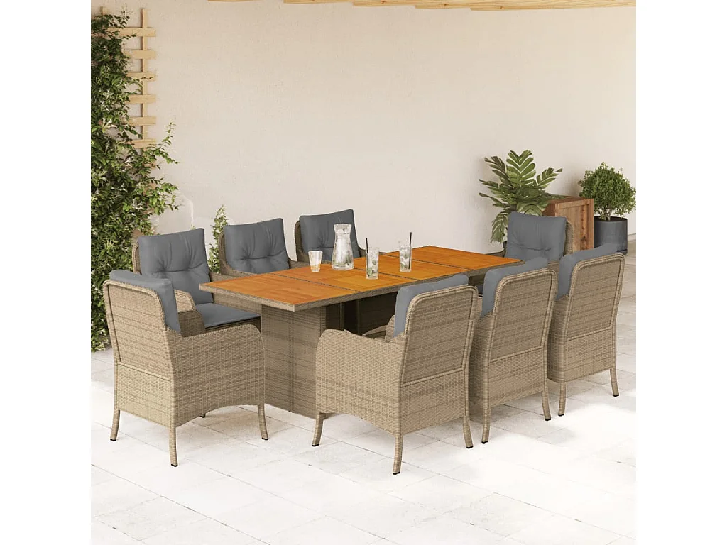 Karlyn  Set comedor de jardín 9 pzas con cojines ratán sintético beige