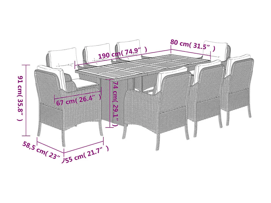 Karlyn  Set comedor de jardín 9 pzas con cojines ratán sintético beige