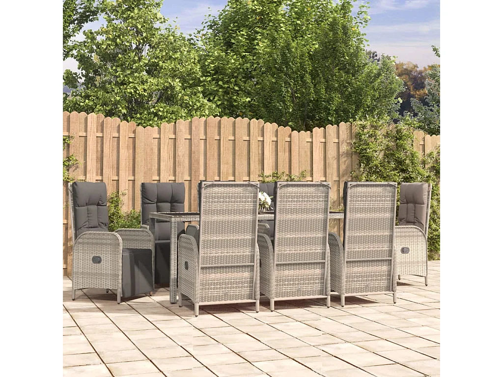 Piero  Set comedor jardín 9 pzas y cojines ratán sintético gris