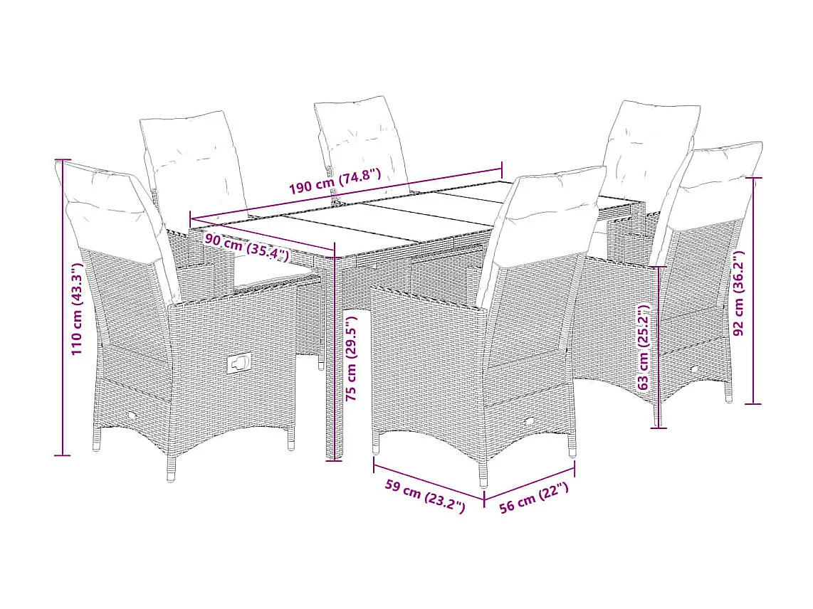 Elm Grove  Ensemble à manger de jardin coussins 7pcs Noir Résine tressée