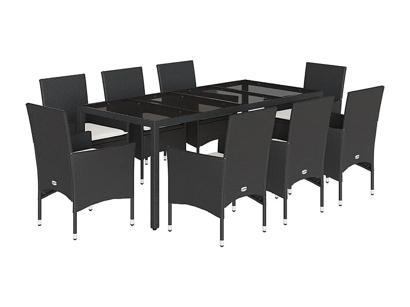 Stafford Springs  Ensemble à manger de jardin et coussins 9 pcs noir rotin verre
