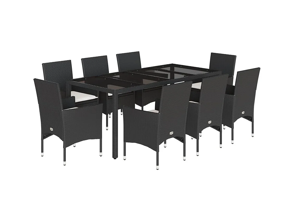 Stafford Springs  Ensemble à manger de jardin et coussins 9 pcs noir rotin verre