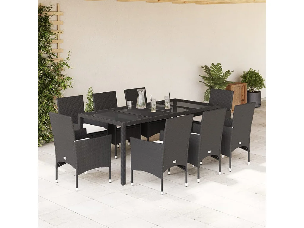 Stafford Springs  Ensemble à manger de jardin et coussins 9 pcs noir rotin verre