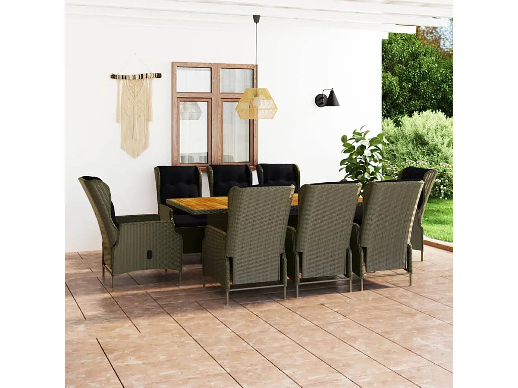 Saint-Denis  Set de comedor jardín 9 piezas cojines ratán sintético marrón