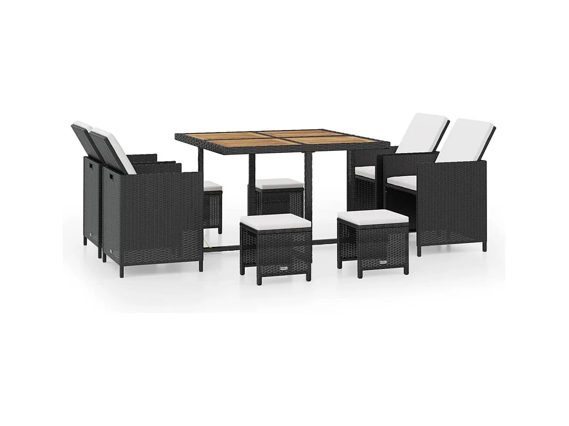 Cerveteri  Set comedor de jardín 9 pzas ratán sintético y madera negro