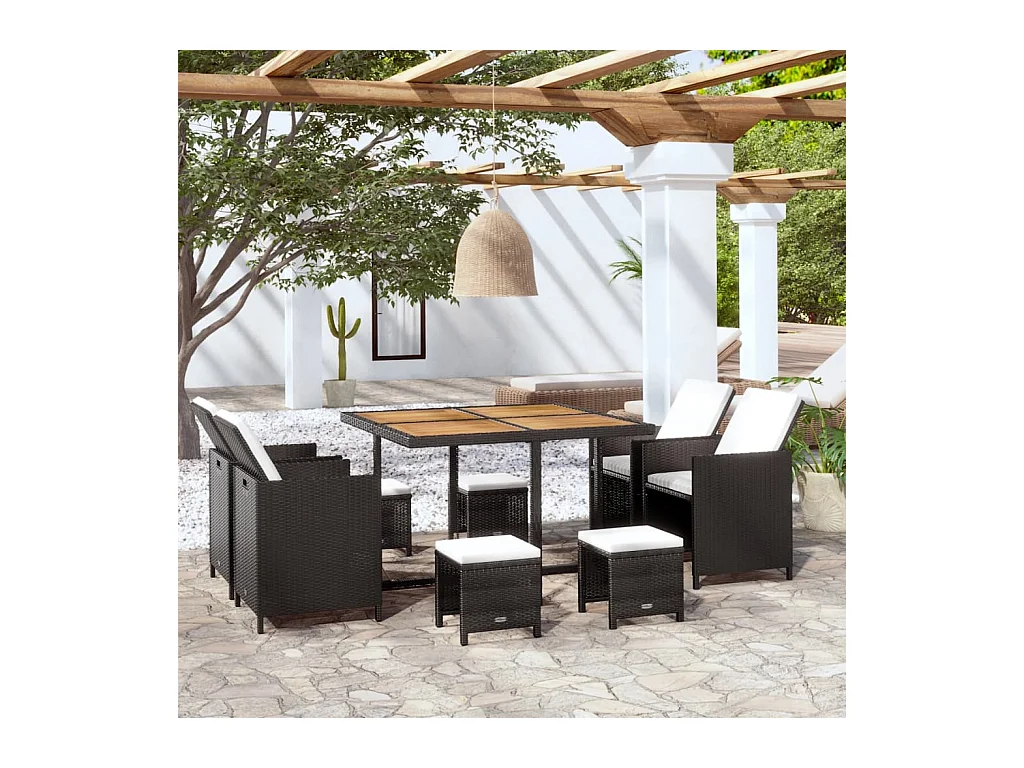 Cerveteri  Set comedor de jardín 9 pzas ratán sintético y madera negro