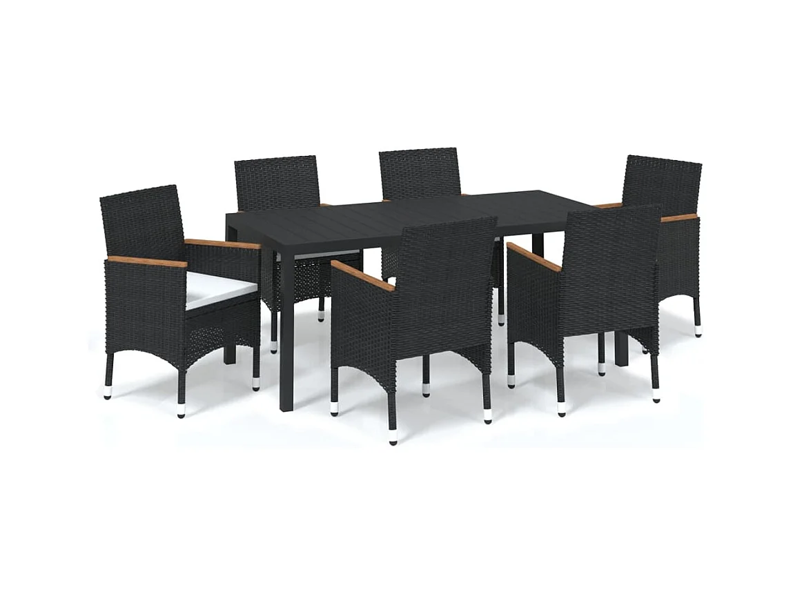 Kelly  Set de comedor de jardín 7 pzas y cojines ratán sintético negro