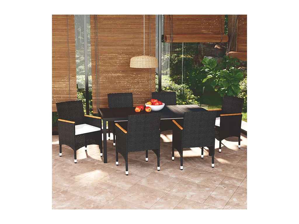 Kelly  Set de comedor de jardín 7 pzas y cojines ratán sintético negro