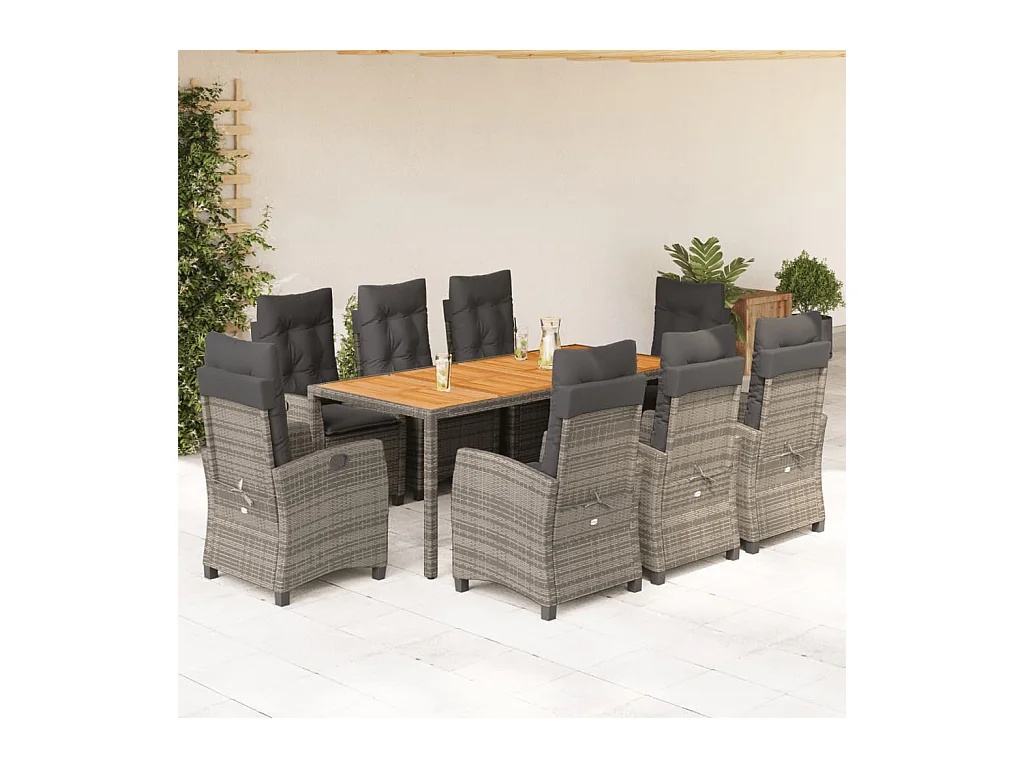 Magnir  Ensemble à manger de jardin 9 pcs coussins gris résine tressée