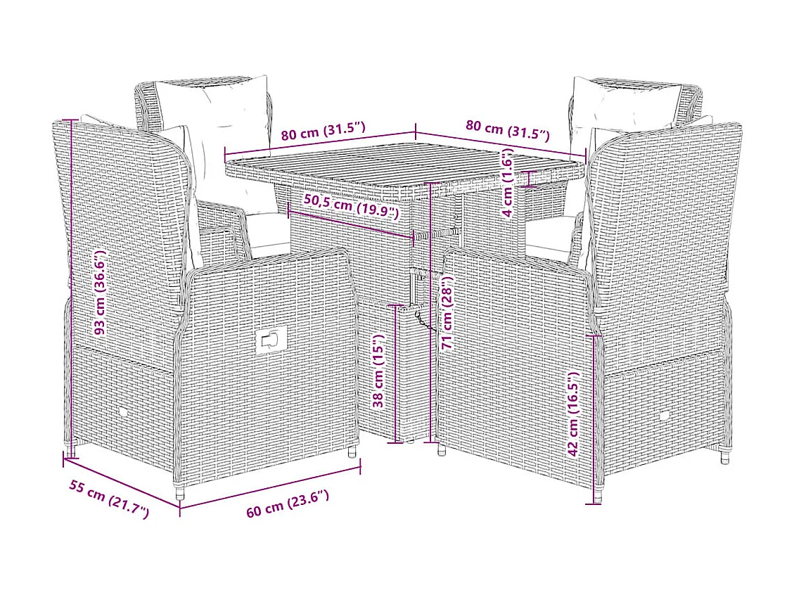 Coleville  Ensemble à manger de jardin 5 pcs coussins gris résine tressée