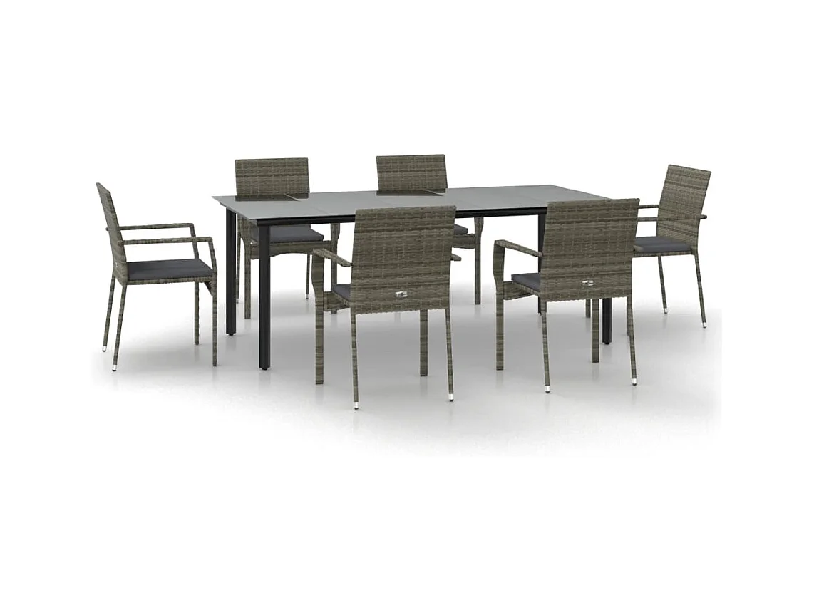 Karl Mason  Ensemble à manger jardin et coussins 7 pcs Noir et gris Rotin