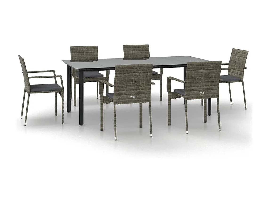 Karl Mason  Ensemble à manger jardin et coussins 7 pcs Noir et gris Rotin